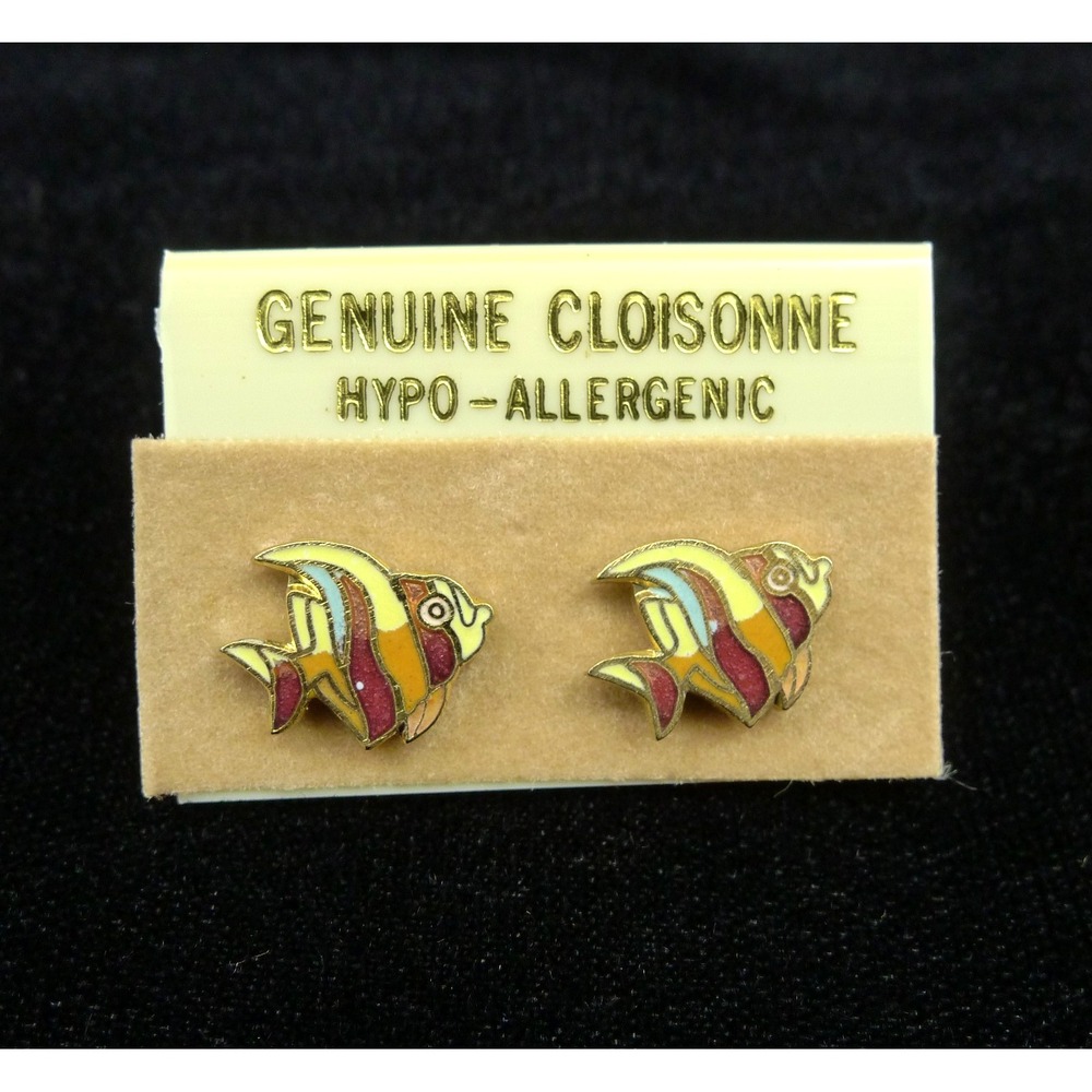 Vintage Cloisonné /Enamel Tropical Fish Earrings with Gold Tone Metal Finish